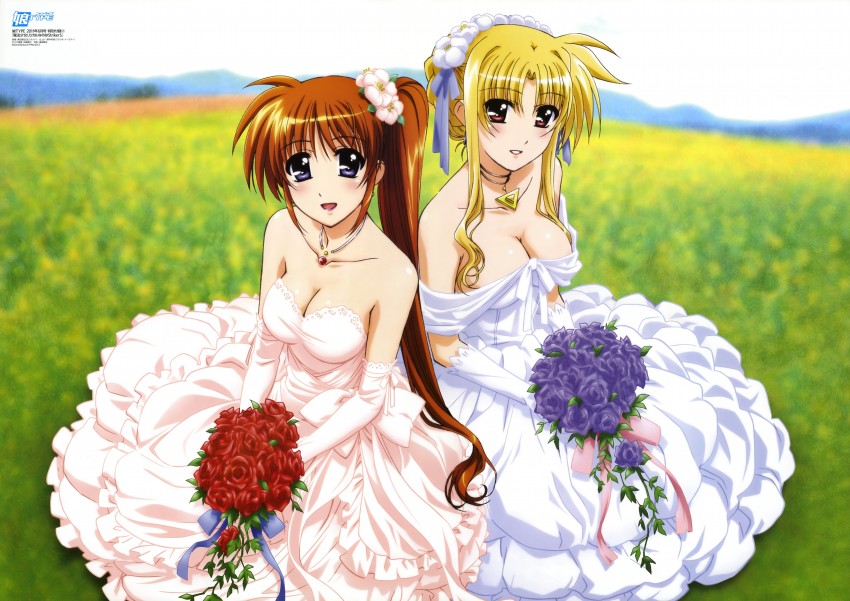 fate testarossa, takamachi nanoha, raising heart, and bardiche (lyrical nanoha and 2 more) drawn by okuda_yasuhiro