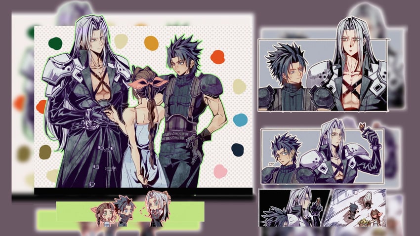 aerith gainsborough, sephiroth, and zack fair (final fantasy and 2 more) drawn by zdax20001212