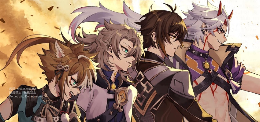 zhongli, albedo, arataki itto, and gorou (genshin impact) drawn by ojo_aa