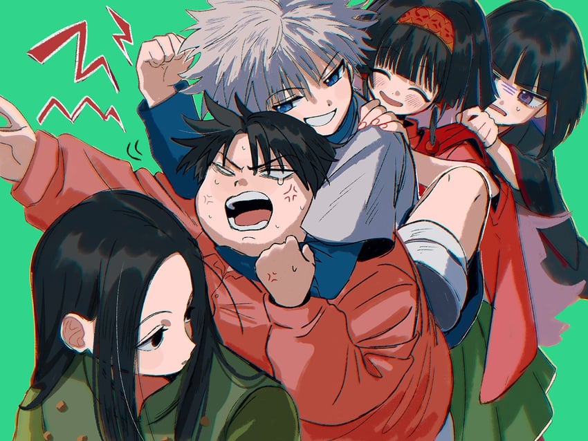 killua zoldyck, illumi zoldyck, alluka zoldyck, kalluto zoldyck, and milluki zoldyck (hunter x hunter) drawn by thicopoyo
