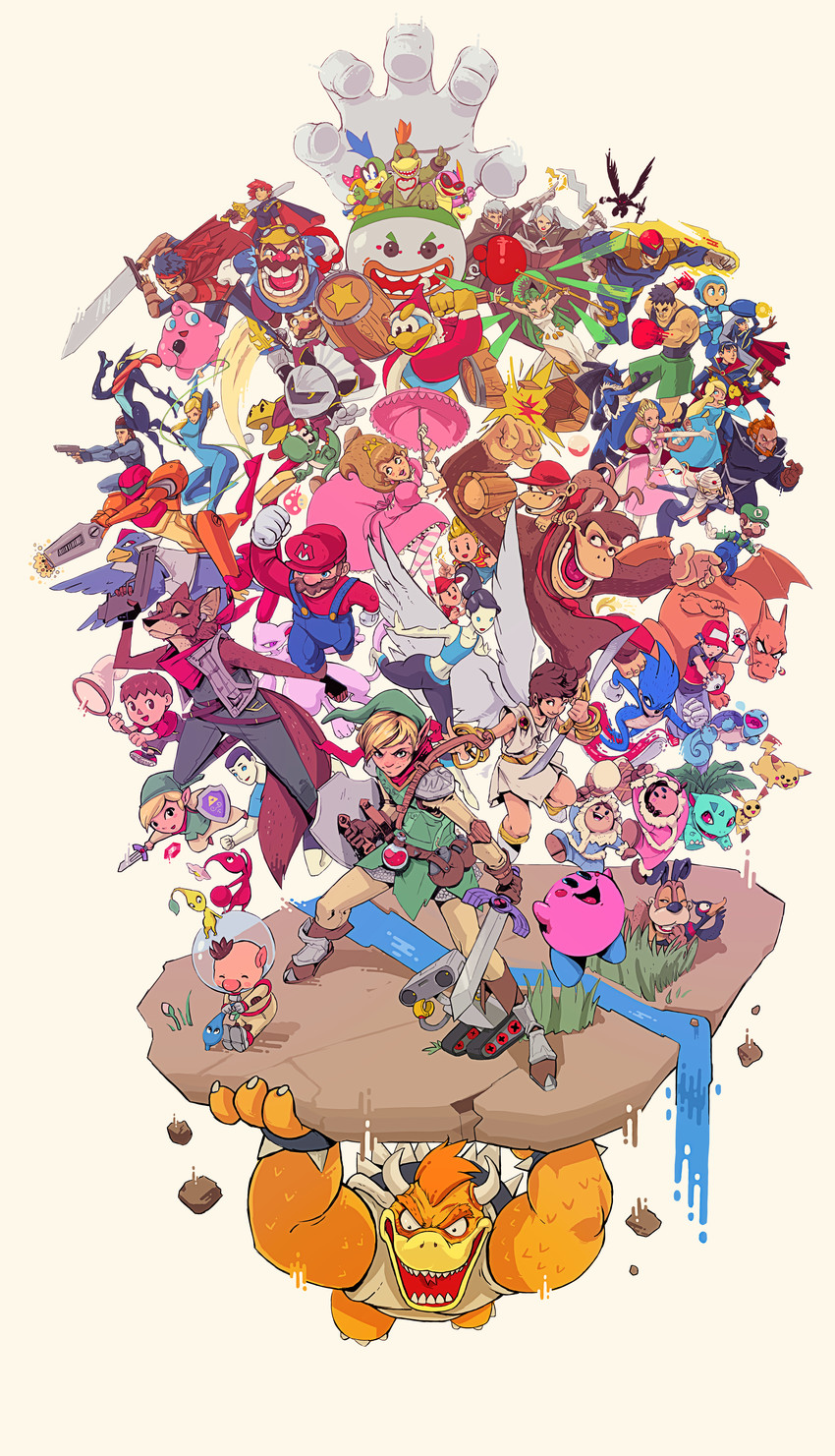link, pikachu, princess zelda, kirby, princess peach, and 68 more (pokemon and 43 more) drawn by kobus_faber