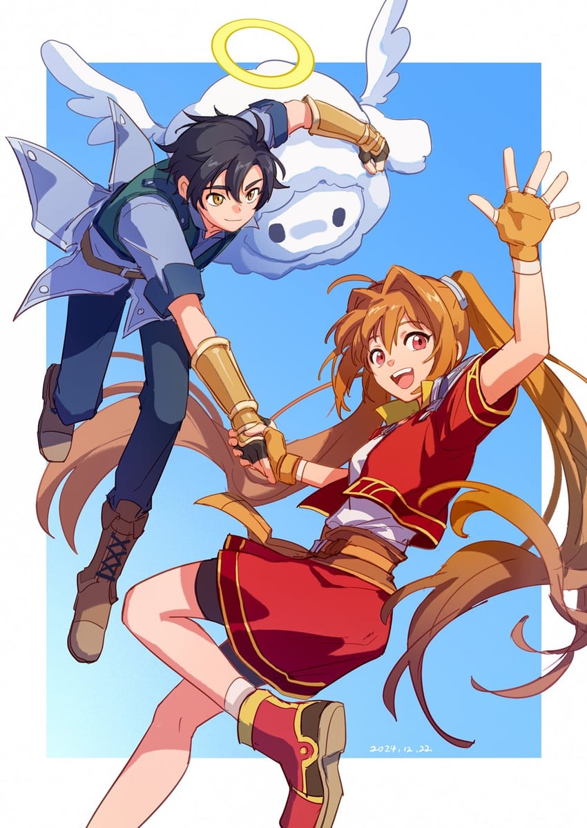 estelle bright, joshua bright, and pom (eiyuu densetsu and 1 more) drawn by feng_you