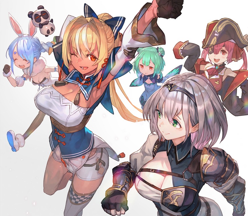 houshou marine, usada pekora, shirogane noel, uruha rushia, shiranui flare, and 2 more (hololive) drawn by lack