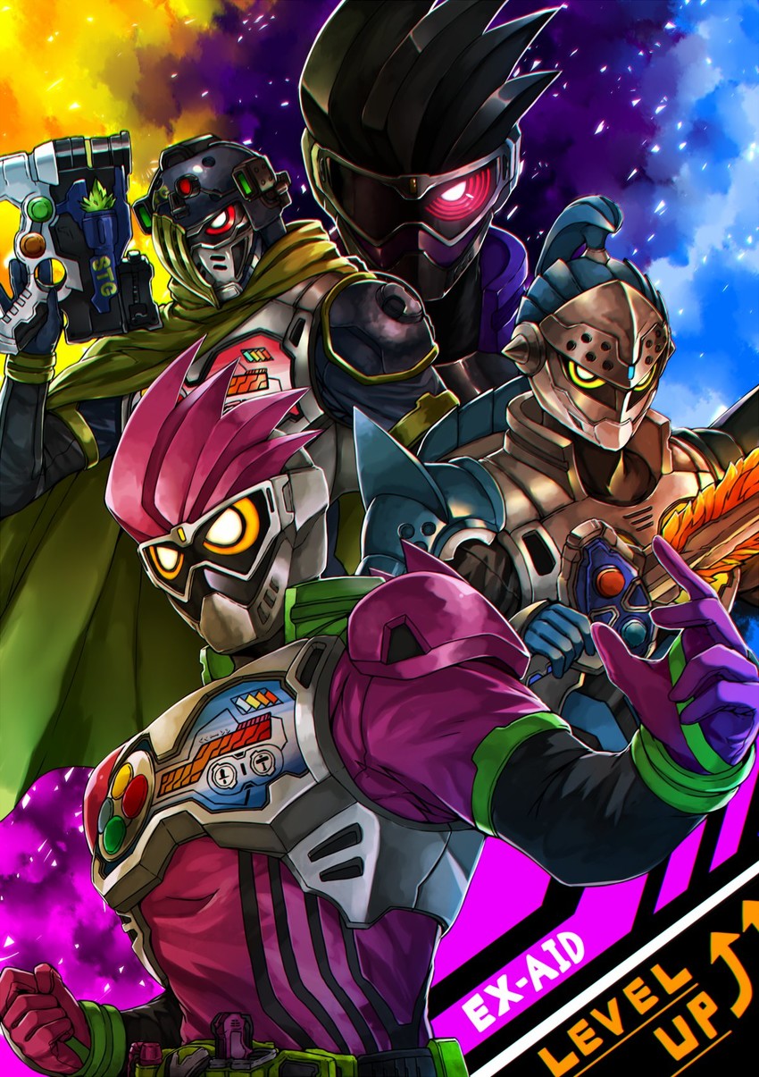 kamen rider ex-aid, kamen rider genm, kamen rider brave, mighty action x level 2, kamen rider snipe, and 4 more (kamen rider and 1 more) drawn by yusuki_(fukumen)