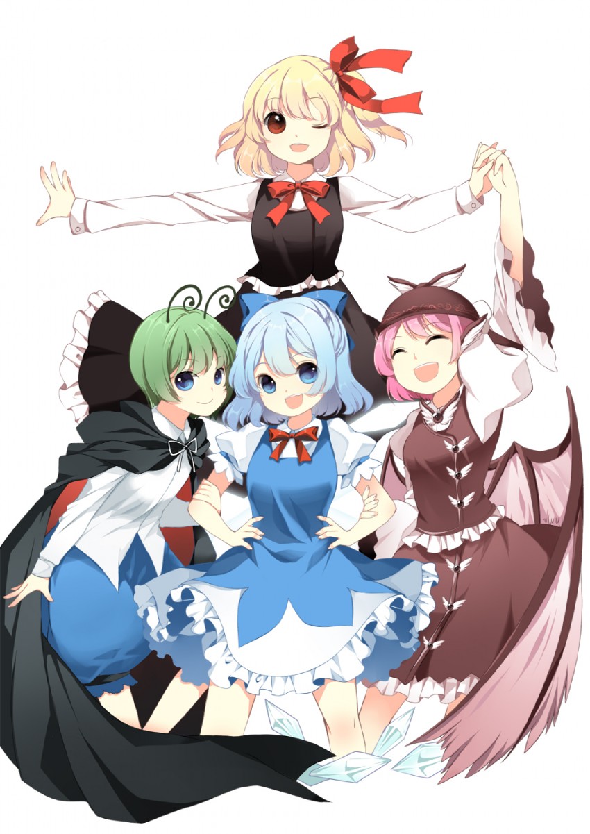 cirno, rumia, mystia lorelei, and wriggle nightbug (touhou) drawn by roh_nam_kyung