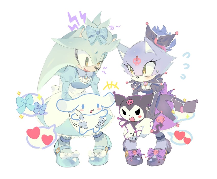 blaze the cat, cinnamoroll, kuromi, and silver the hedgehog (sonic and 3 more) drawn by cookiecream_00