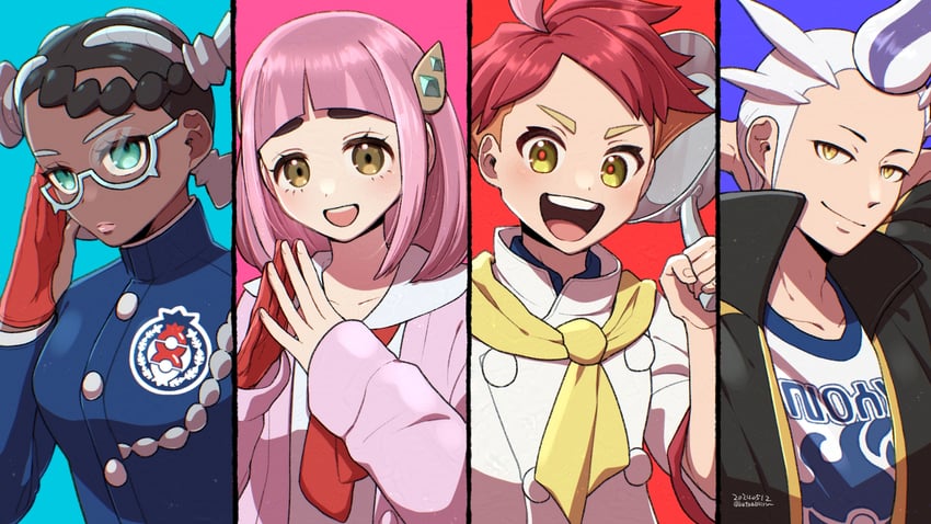 lacey, drayton, crispin, and amarys (pokemon and 1 more) drawn by batabiru