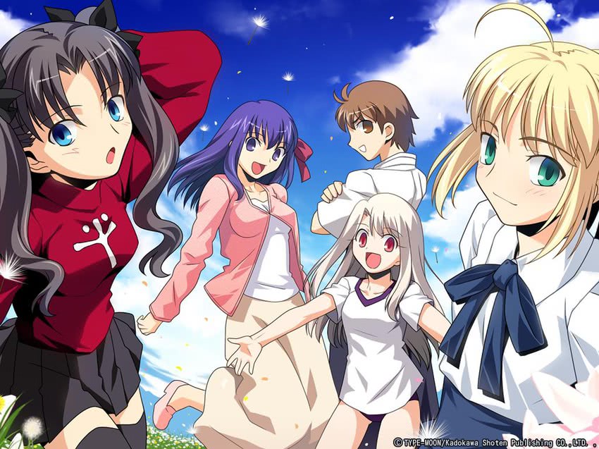 artoria pendragon, saber, tohsaka rin, illyasviel von einzbern, matou sakura, and 1 more (fate and 1 more) drawn by takeuchi_takashi