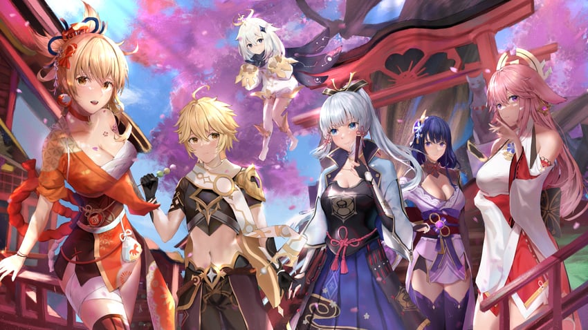 raiden shogun, aether, yae miko, paimon, kamisato ayaka, and 1 more (genshin impact) drawn by a-by