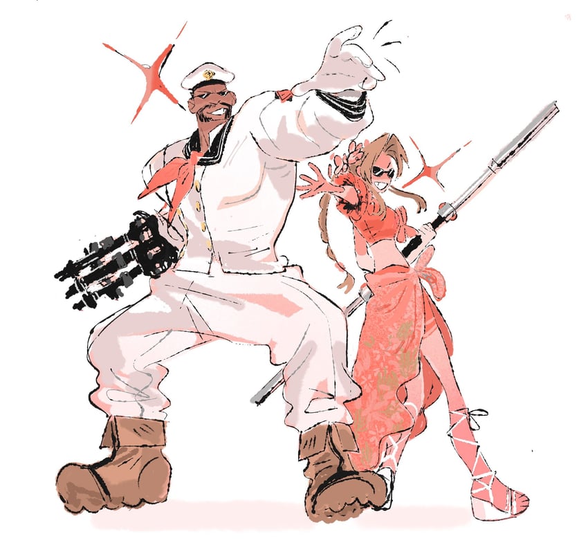 aerith gainsborough and barret wallace (final fantasy and 3 more) drawn by jaysoysaucee