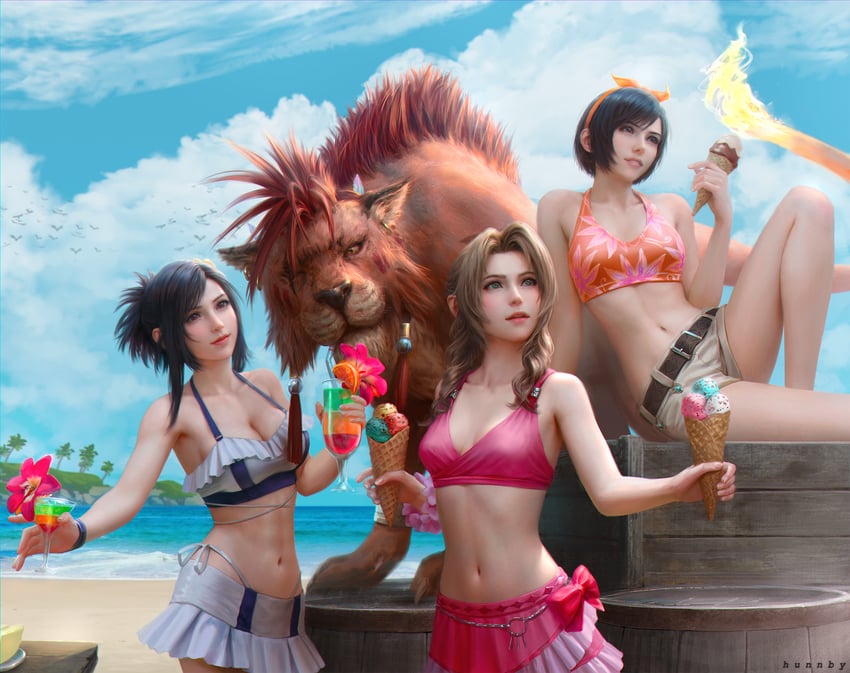 tifa lockhart, aerith gainsborough, yuffie kisaragi, and red xiii (final fantasy and 3 more) drawn by honeybunny-art