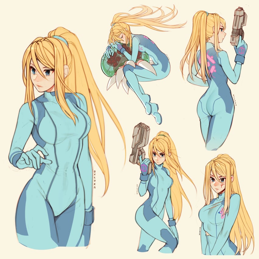 samus aran, metroid, and metroid larva (metroid) drawn by oxcoxa