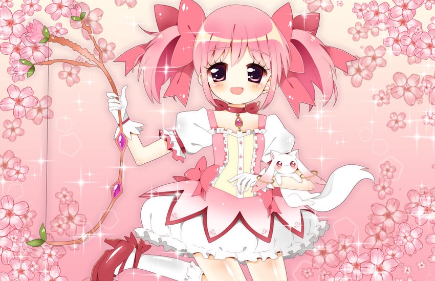 kaname madoka and kyubey (mahou shoujo madoka magica) drawn by powderpuff