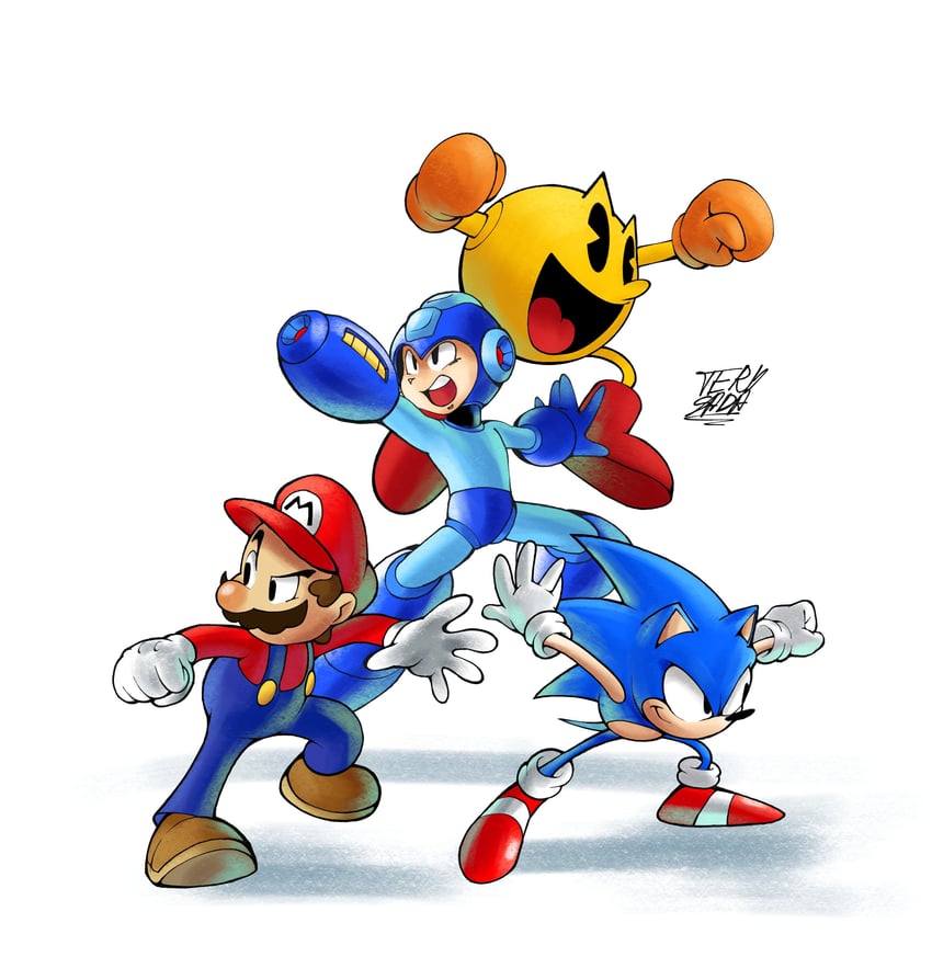 mario, sonic the hedgehog, mega man, and pac-man (mario and 4 more) drawn by terusada1