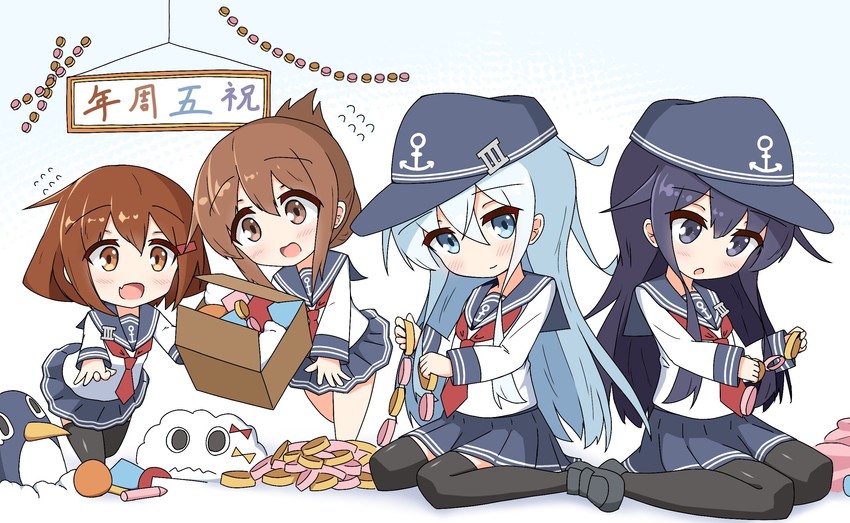 hibiki, inazuma, ikazuchi, akatsuki, failure penguin, and 1 more (kantai collection) drawn by ichi_(ichi.colors)