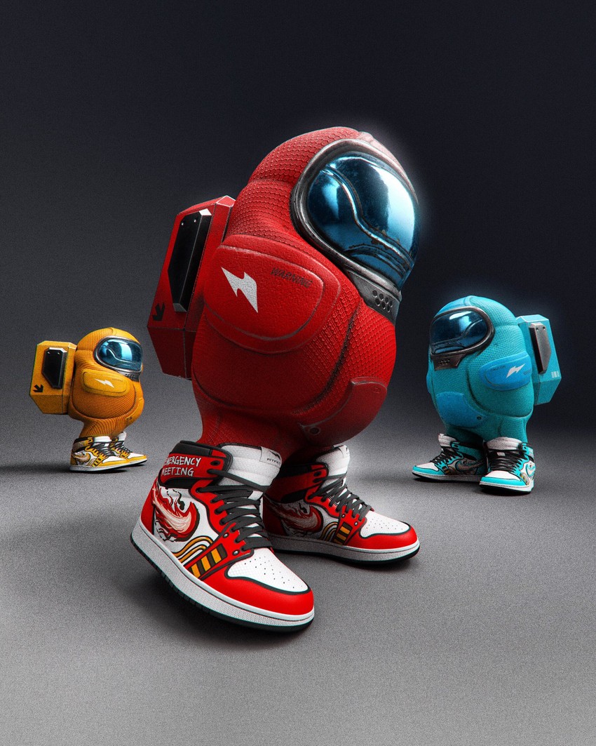 crewmate, red, cyan, and orange (among us) drawn by rtfktstudios