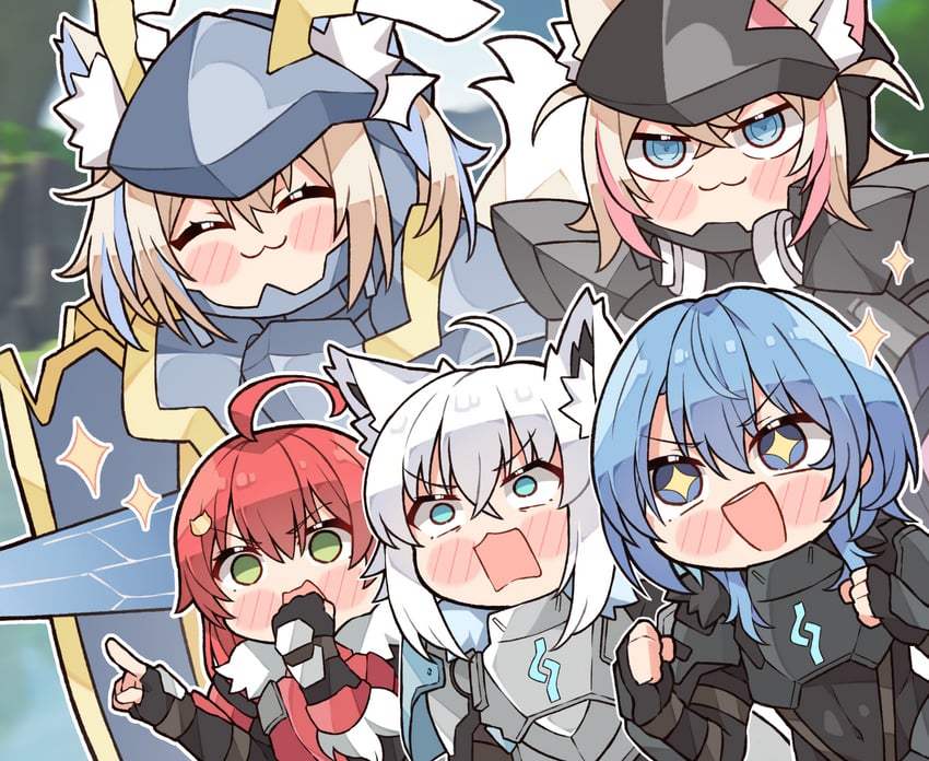 shirakami fubuki, hoshimachi suisei, sakura miko, fuwawa abyssgard, mococo abyssgard, and 2 more (hololive and 2 more) drawn by kukie-nyan
