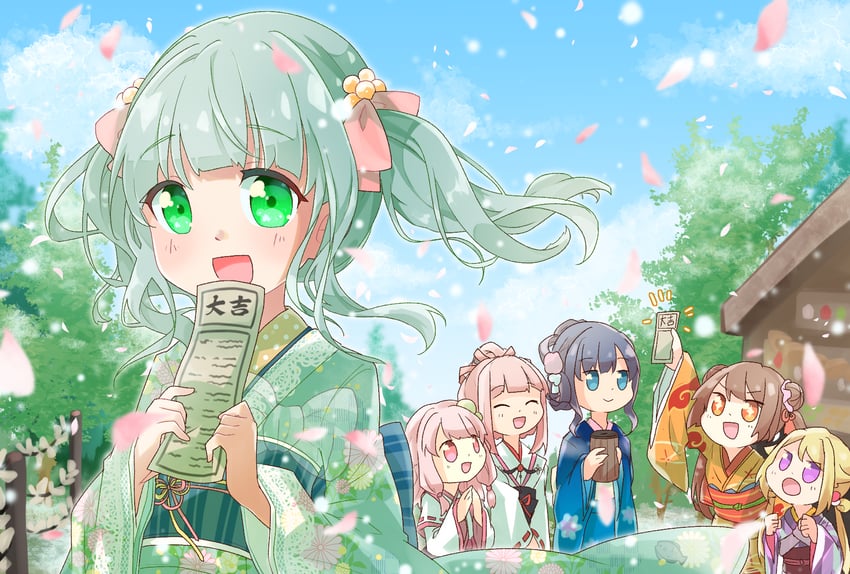 tamaki iroha, nanami yachiyo, futaba sana, yui tsuruno, tamaki ui, and 1 more (mahou shoujo madoka magica and 1 more) drawn by megitti