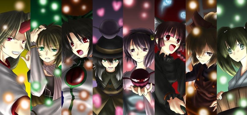 komeiji koishi, komeiji satori, kaenbyou rin, reiuji utsuho, mizuhashi parsee, and 3 more (touhou and 1 more) drawn by kagami_genjou