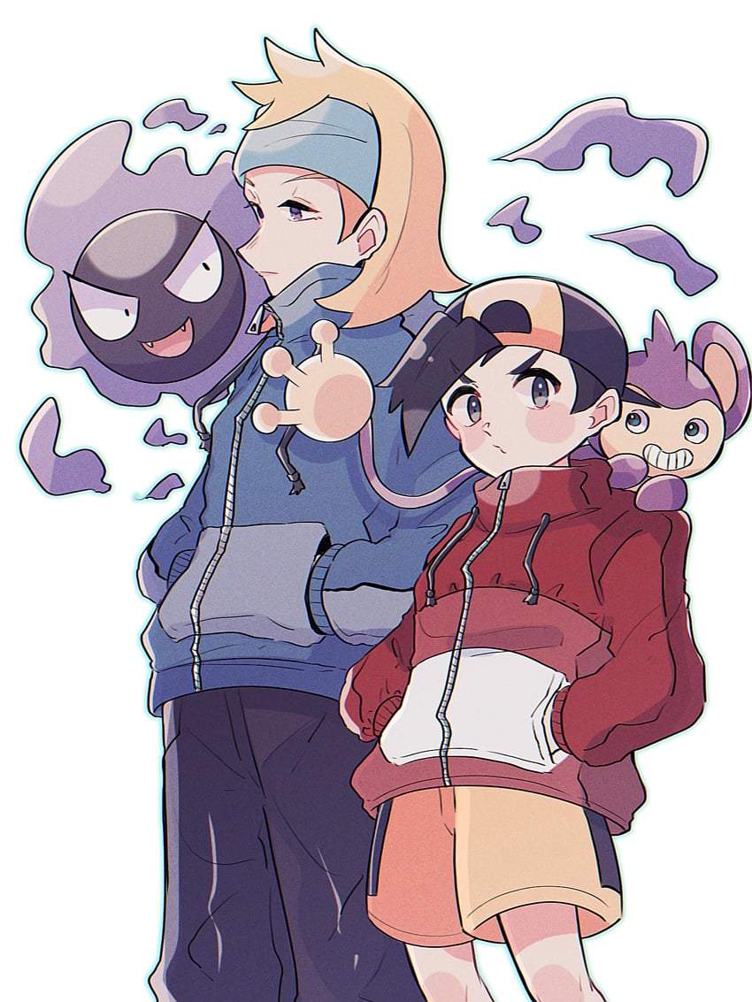 ethan, gastly, morty, and aipom (pokemon and 1 more) drawn by kinu_(kinuhoshizora21)