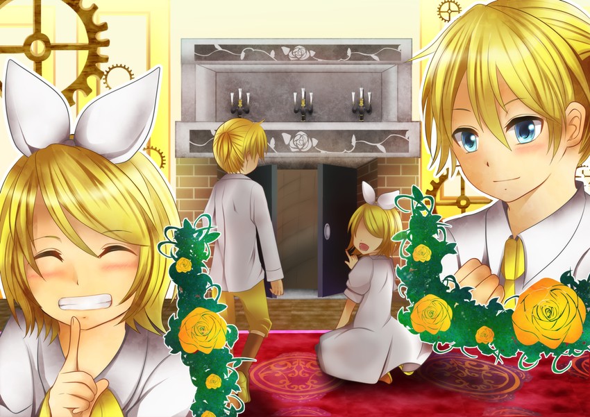 kagamine rin, kagamine len, riliane lucifen d'autriche, and allen avadonia (vocaloid and 3 more) drawn by momiji0316