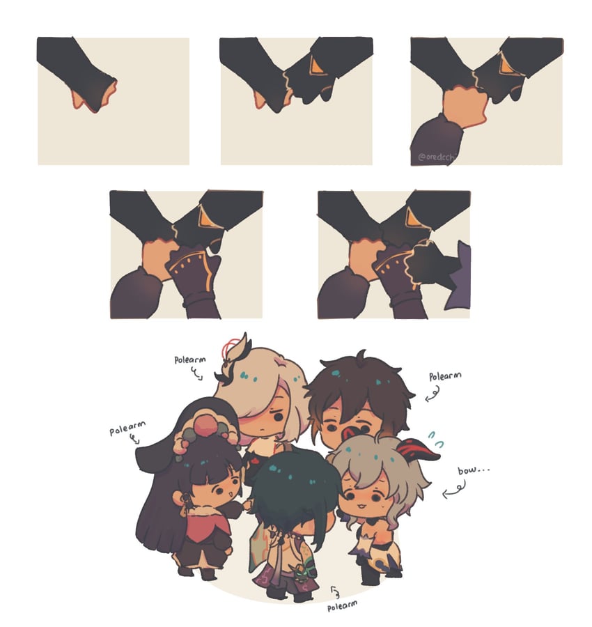 ganyu, zhongli, shenhe, xiao, and yun jin (genshin impact) drawn by oredcchi