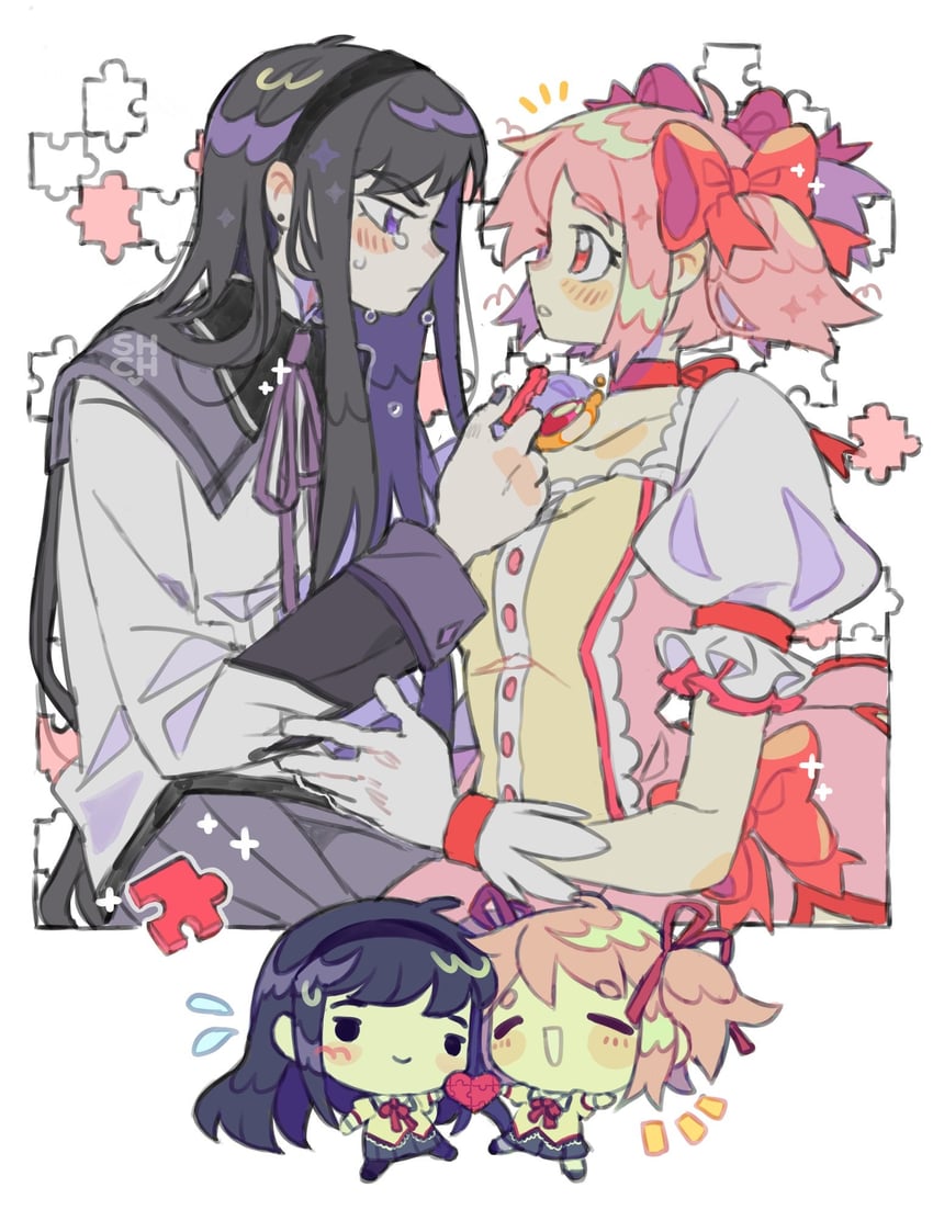 akemi homura and kaname madoka (mahou shoujo madoka magica) drawn by sharpycharot