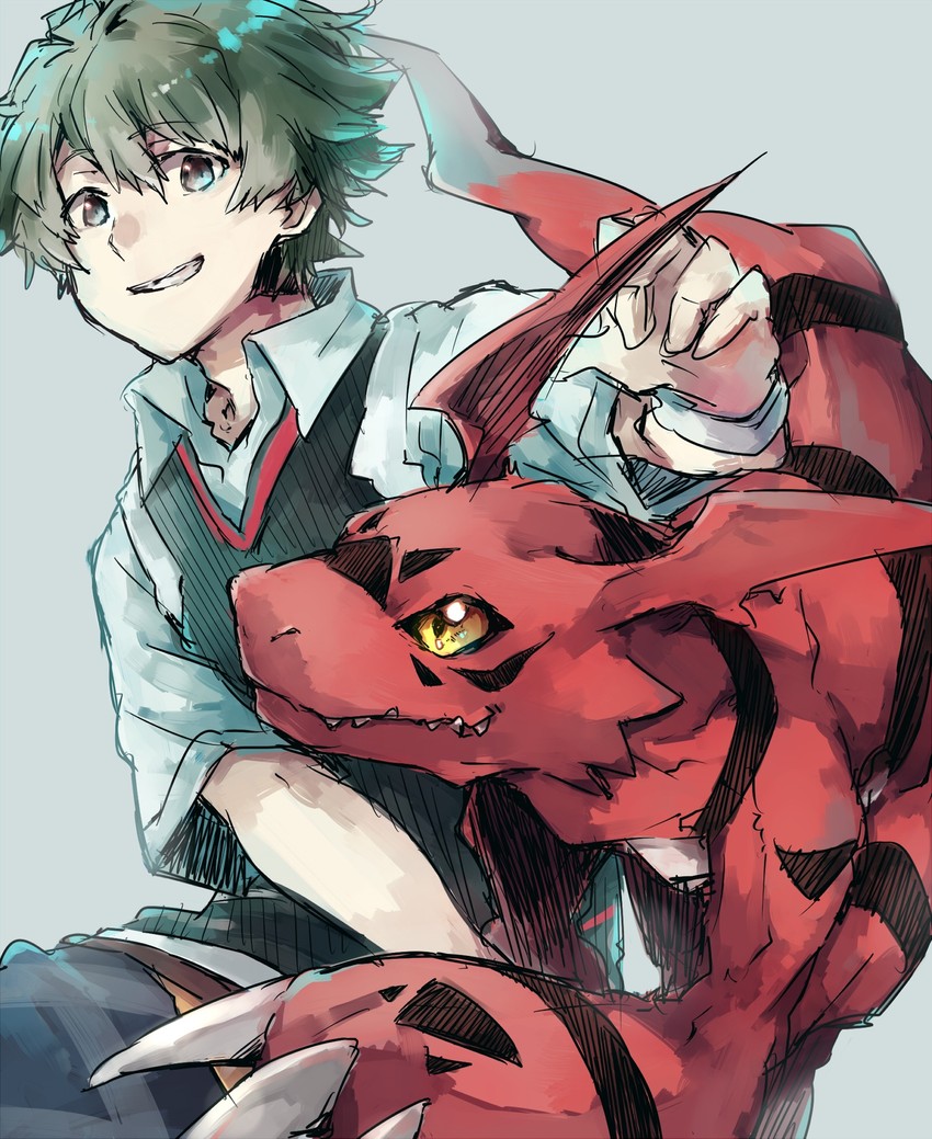 guilmon, hirose kouta, and yukimura (digimon and 1 more) drawn by takase_(takase1214)