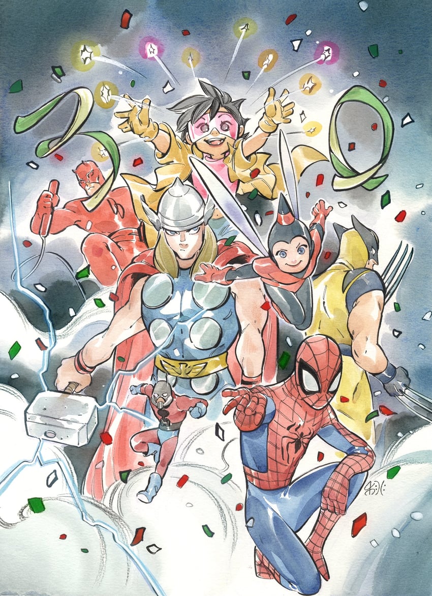 wolverine, spider-man, thor, jubilee, daredevil, and 4 more (marvel and 3 more) drawn by peach_momoko