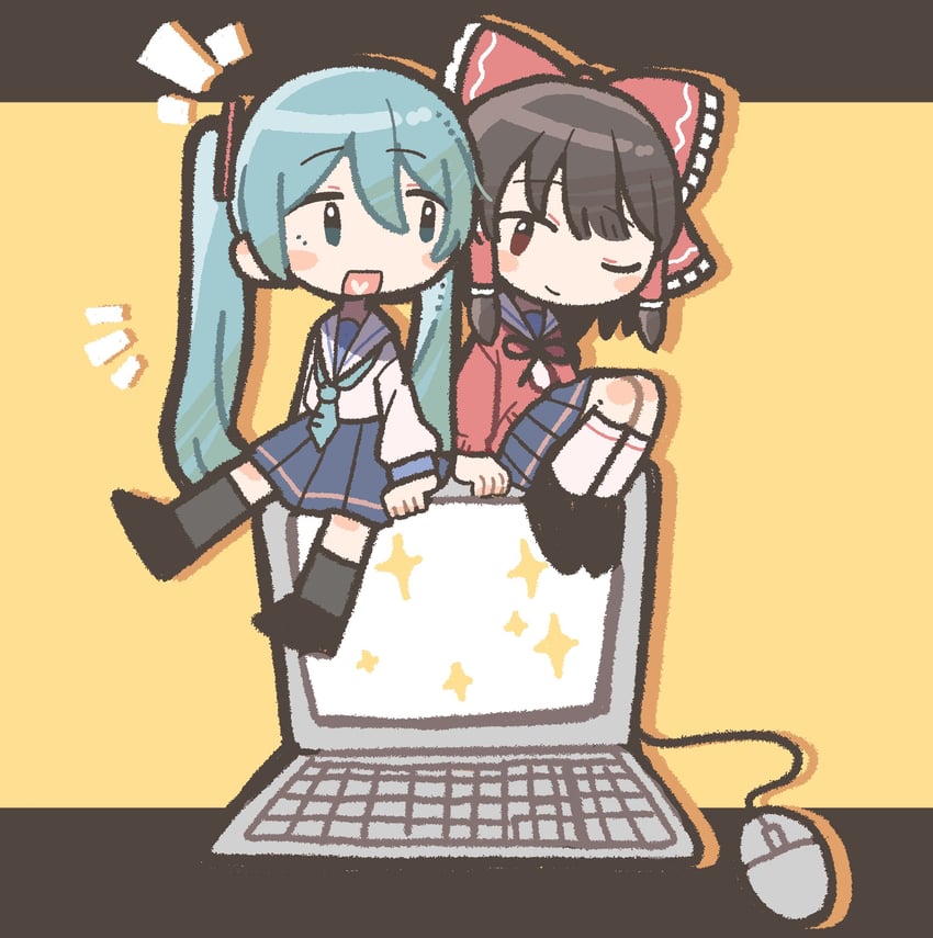hatsune miku and hakurei reimu (touhou and 2 more) drawn by henyomen