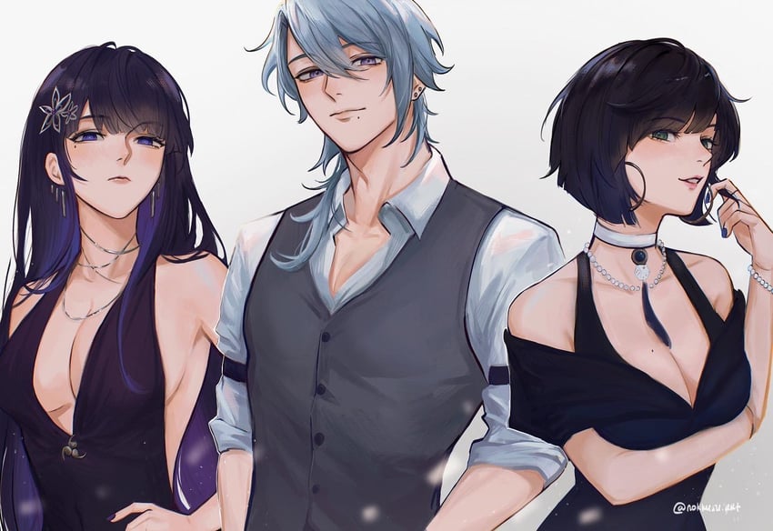 raiden shogun, yelan, and kamisato ayato (genshin impact) drawn by nokkusuart