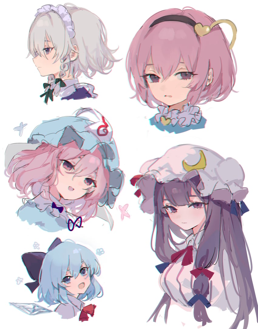 izayoi sakuya, cirno, patchouli knowledge, komeiji satori, and saigyouji yuyuko (touhou) drawn by kani_nyan