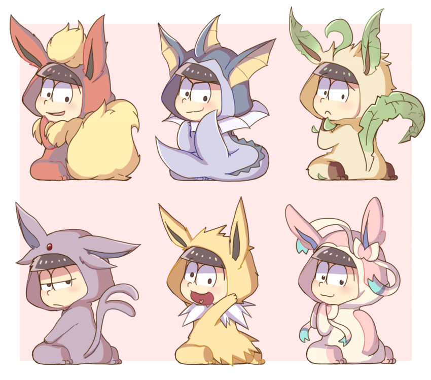 sylveon, vaporeon, matsuno osomatsu, matsuno karamatsu, espeon, and 7 more (pokemon and 3 more) drawn by koineko_(aph0310)