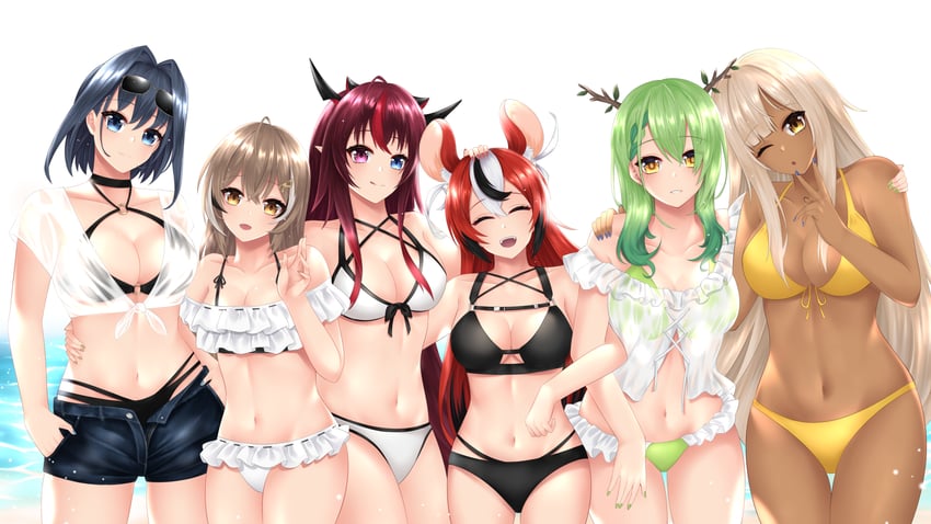 ouro kronii, nanashi mumei, hakos baelz, ceres fauna, irys, and 1 more (hololive and 1 more) drawn by popcornflakes