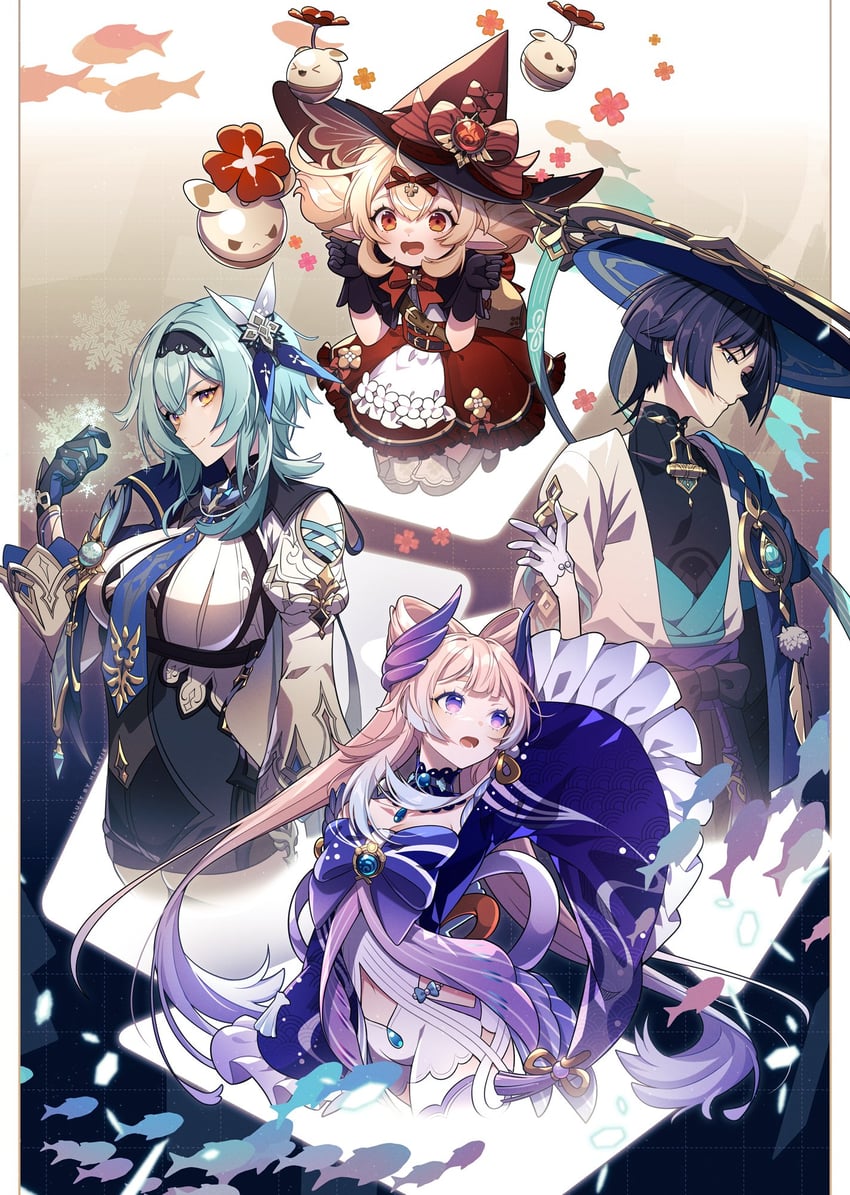 scaramouche, wanderer, eula, sangonomiya kokomi, jumpy dumpty, and 1 more (genshin impact) drawn by hen-tie