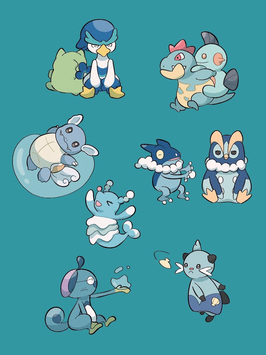 wartortle, brionne, drizzile, dewott, marshtomp, and 4 more (pokemon) drawn by sumi_fms