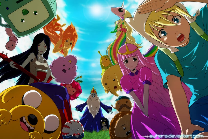 marceline abadeer, princess bonnibel bubblegum, finn the human, jake the dog, bmo, and 7 more (adventure time) drawn by suihara