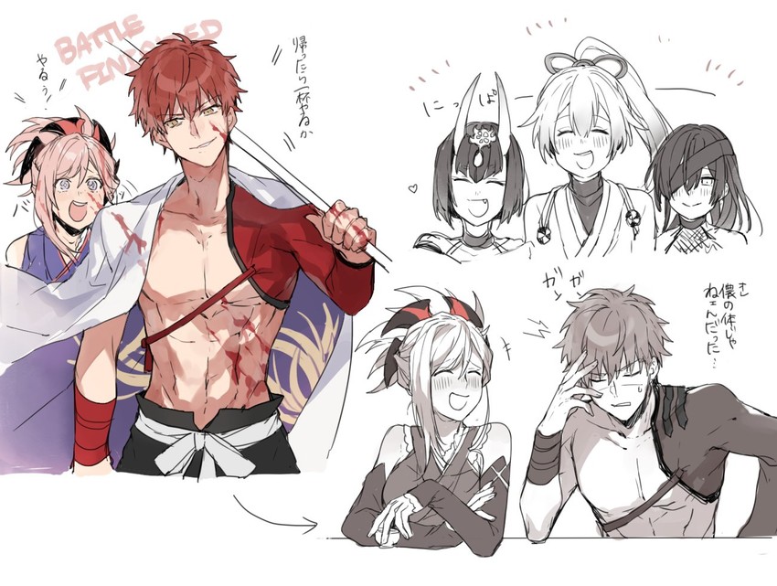 shuten douji, emiya shirou, miyamoto musashi, tomoe gozen, senji muramasa, and 1 more (fate and 1 more) drawn by waltz_(tram)