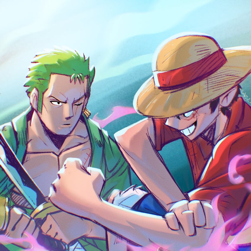 monkey d. luffy and roronoa zoro (one piece) drawn by sneekkio
