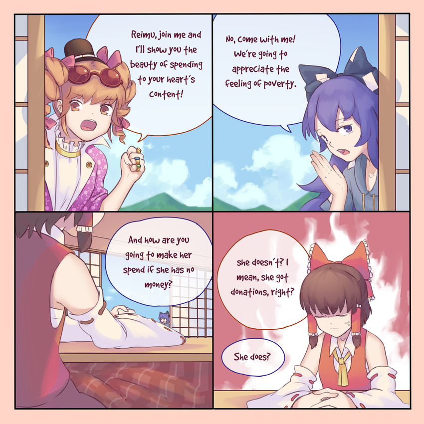 hakurei reimu, yorigami shion, and yorigami jo'on (touhou and 1 more) drawn by yoruny