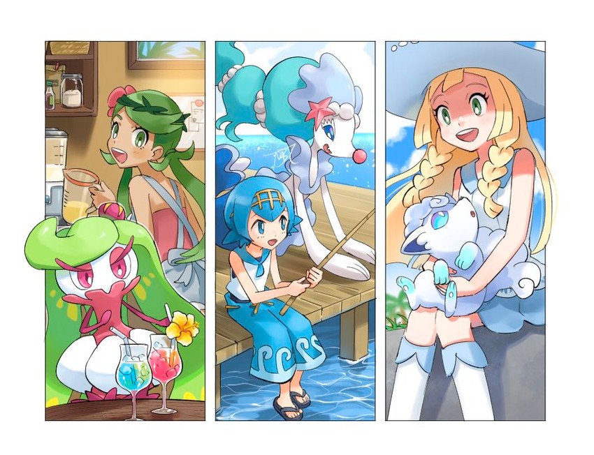 lillie, lana, mallow, alolan vulpix, primarina, and 1 more (pokemon and 1 more) drawn by mobbbt