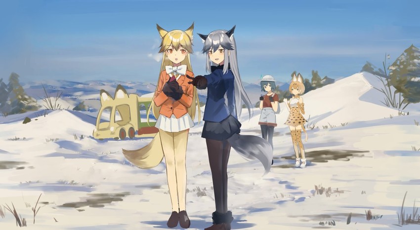 serval, kaban, silver fox, and ezo red fox (kemono friends) drawn by huanxiang_heitu