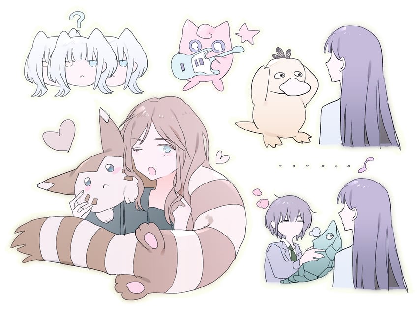 chihaya anon, nagasaki soyo, kaname raana, jigglypuff, psyduck, and 2 more (pokemon and 2 more) drawn by reiboubyou