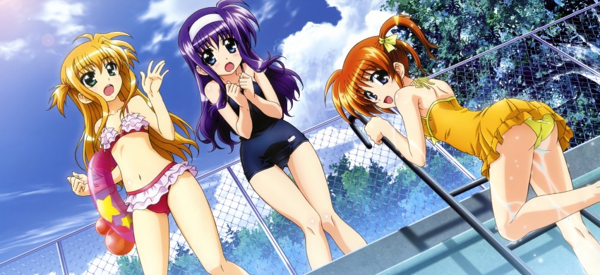 takamachi nanoha, arisa bunnings, and tsukimura suzuka (lyrical nanoha and 3 more) drawn by okuda_yasuhiro