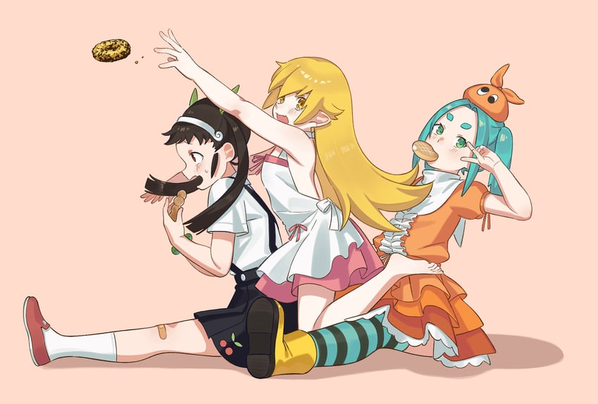 oshino shinobu, hachikuji mayoi, and ononoki yotsugi (monogatari) drawn by nek0n0_o