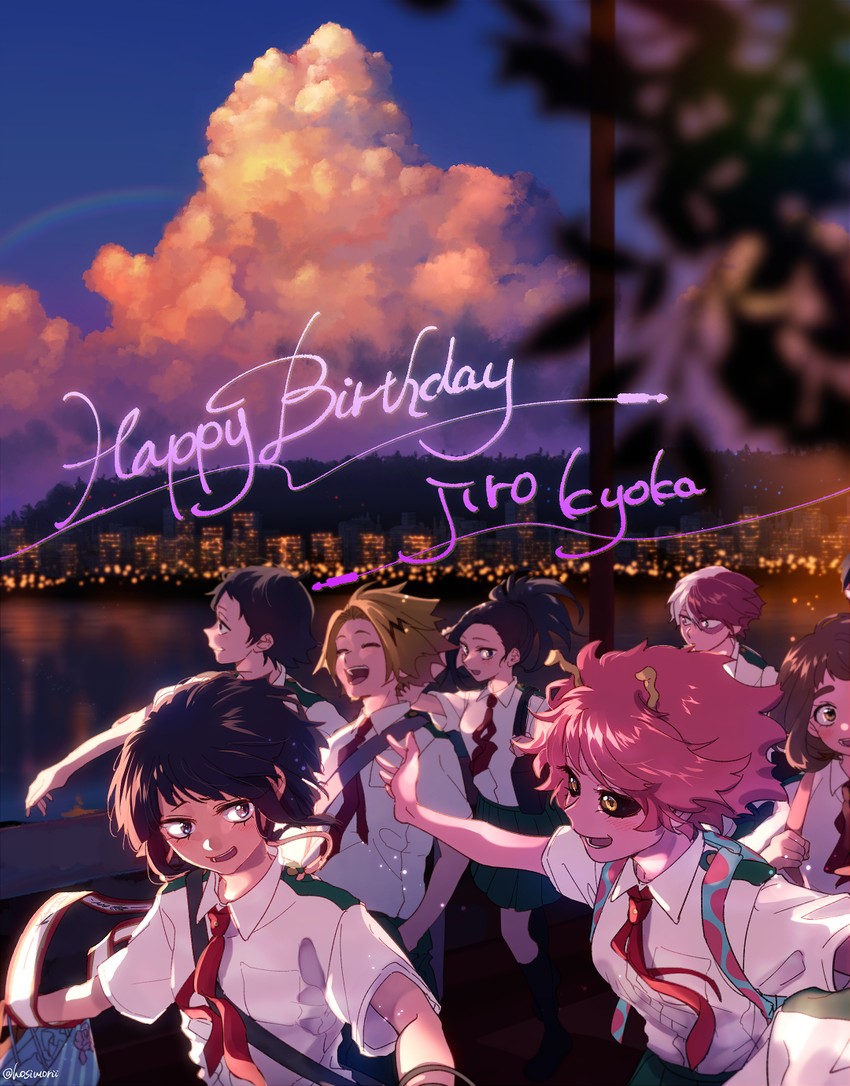 uraraka ochaco, todoroki shoto, ashido mina, jiro kyoka, kaminari denki, and 1 more (boku no hero academia) drawn by hoshimori