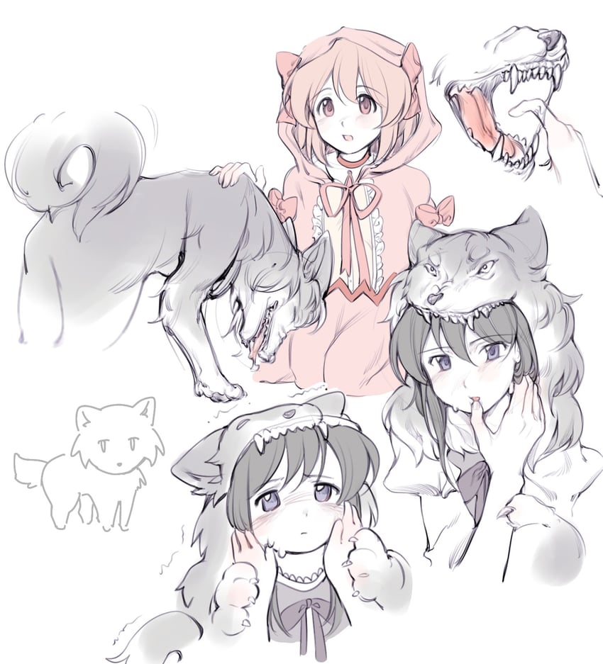 akemi homura, kaname madoka, little red riding hood, and big bad wolf (mahou shoujo madoka magica and 1 more) drawn by kuro_miumu