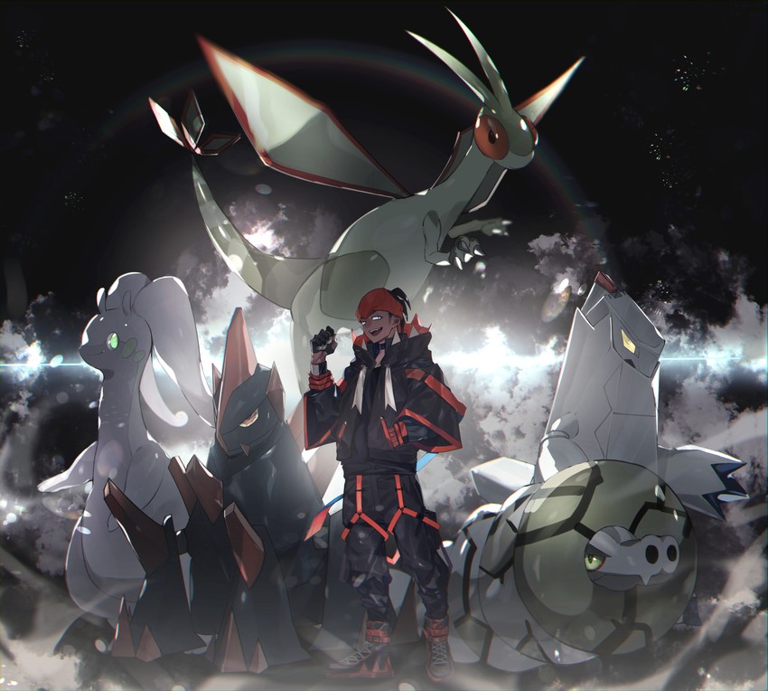 raihan, flygon, goodra, duraludon, gigalith, and 1 more (pokemon and 1 more) drawn by sava_(sava_023)