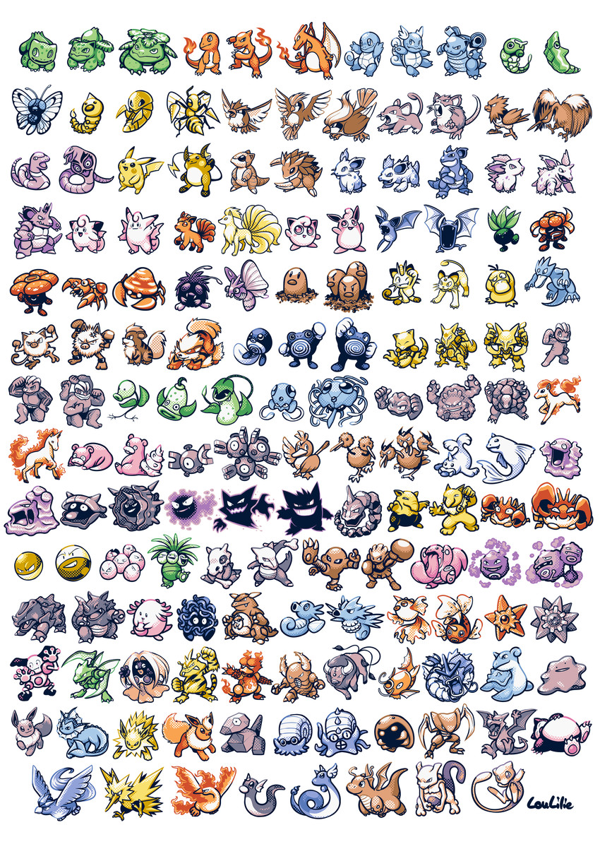 pikachu, eevee, charizard, gengar, bulbasaur, and 145 more (pokemon) drawn by loulilie
