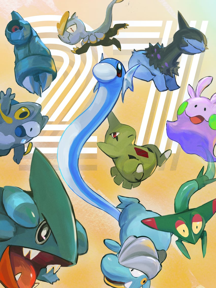 goomy, dreepy, gible, dratini, larvitar, and 5 more (pokemon) drawn by go-lurk